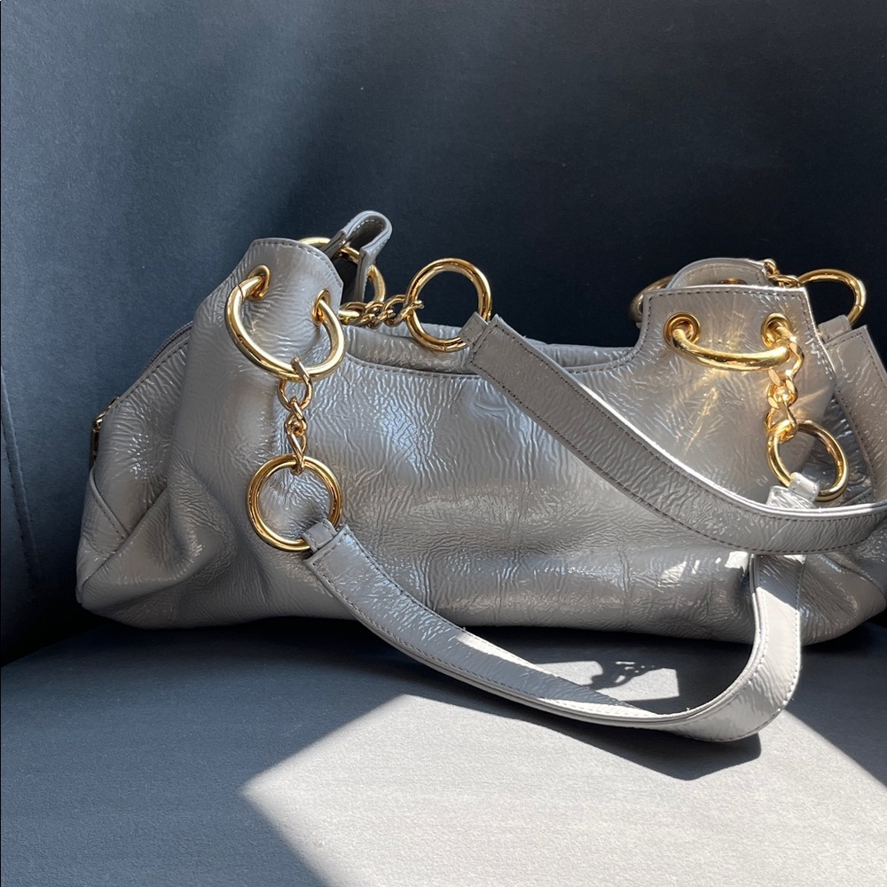HOBO Patent Leather Gray Shoulder Bag with Gold Rings